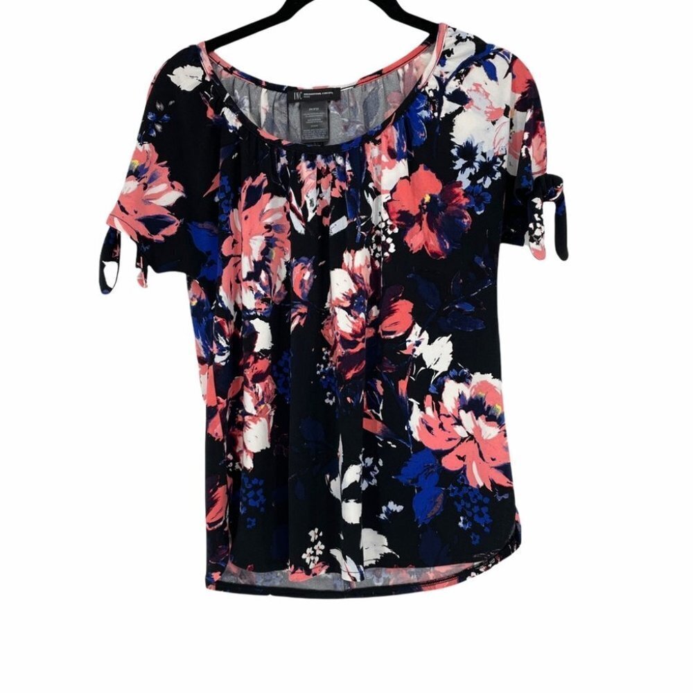INC pink blue tied sleeve floral tshirt petite
